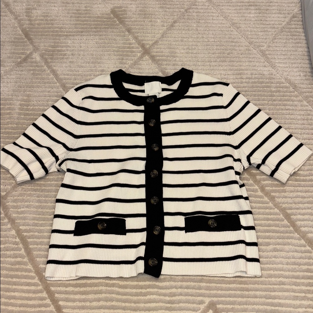 ✨NWT✨ H&M Striped Rib Short-sleeved Cardigan (M) - Picture 5 of 7